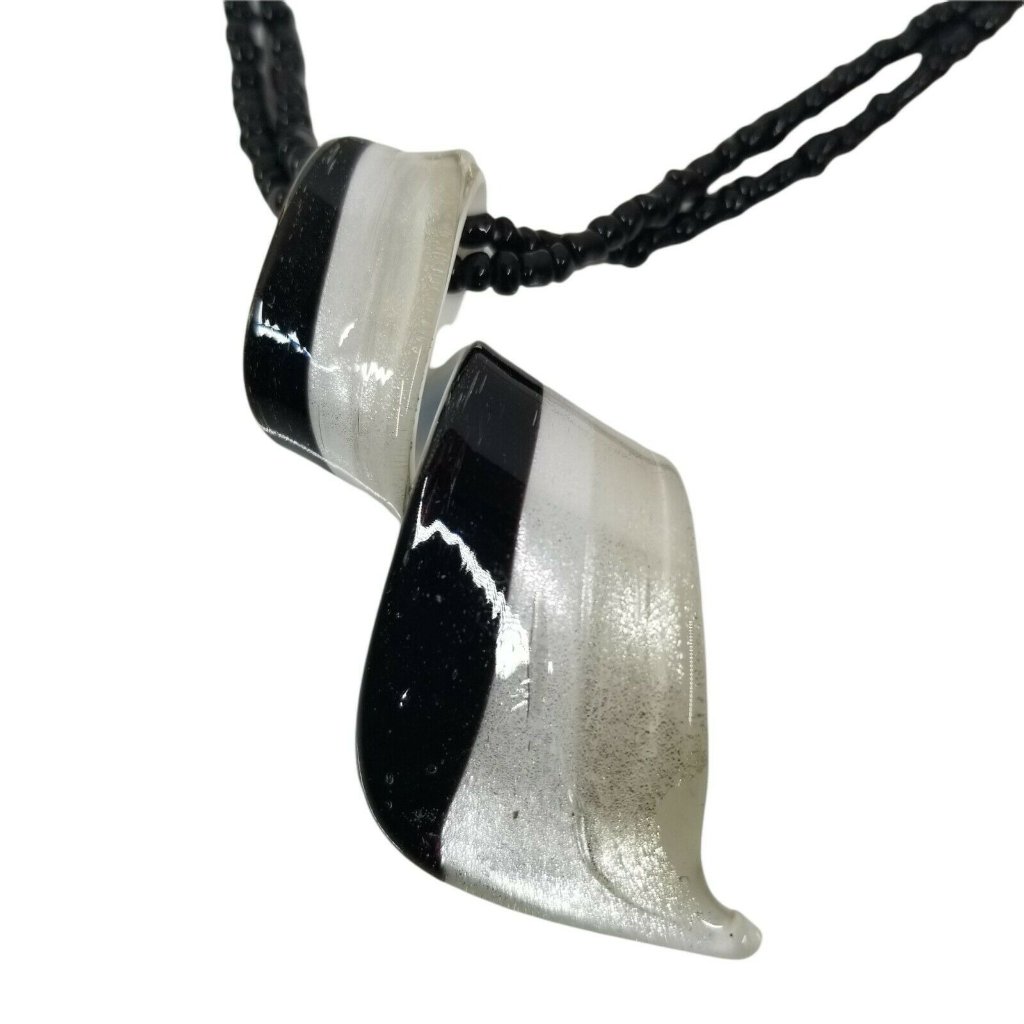 Curled Glass Pendant Striped Black White Silver On Glass Beaded Necklace Stripes